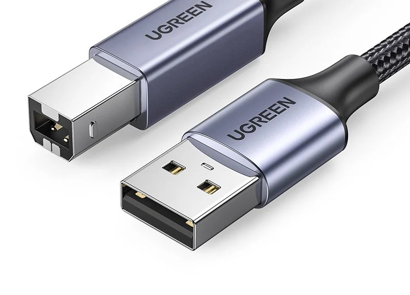 USB-B to USB-A cable — the square plug goes into the keyboard